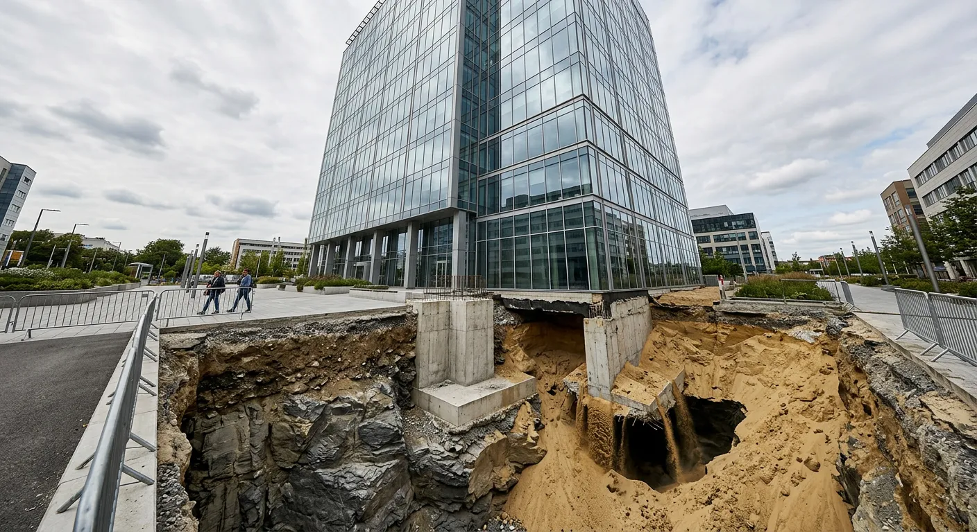 A glass office tower with its foundation exposed: bedrock on one side, sand with a void on the other